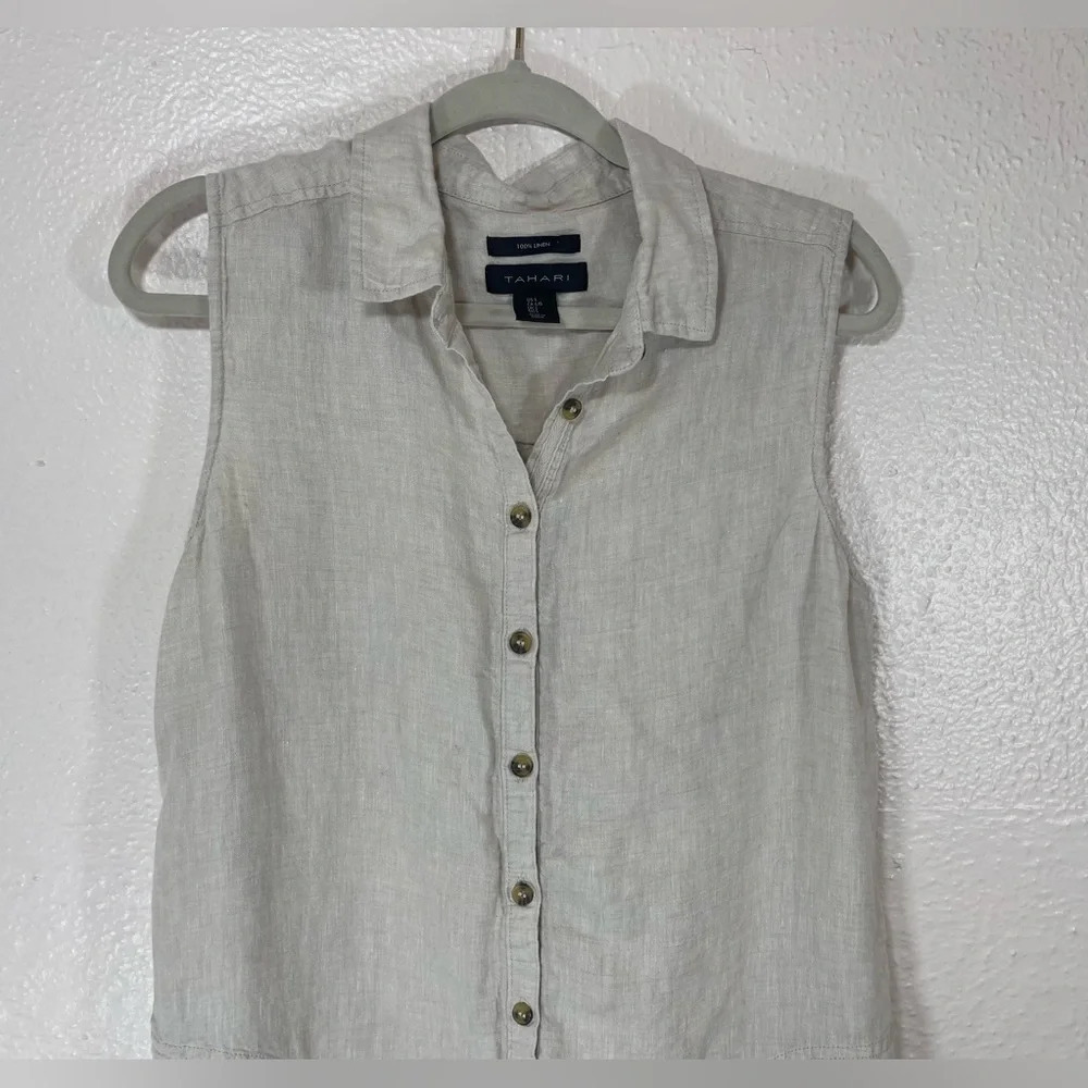 Tahari 100% Linen Beige Sleeveless Collared Button Down Shirt Dress Women Large - Picture 2 of 11